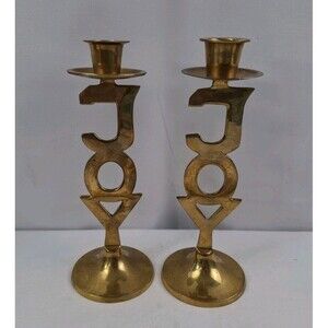 Vtg International Silver Co. Solid Brass JOY Candlestick Holders Set of 2 India